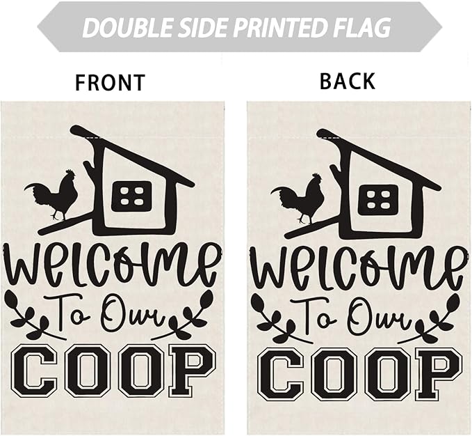 Black Chicken Welcome to Our Coop Large House Flag Burlap 28X40 Inch Vertical Double Sided Outside Yard Holiday Outdoor Farmhouse Decoration