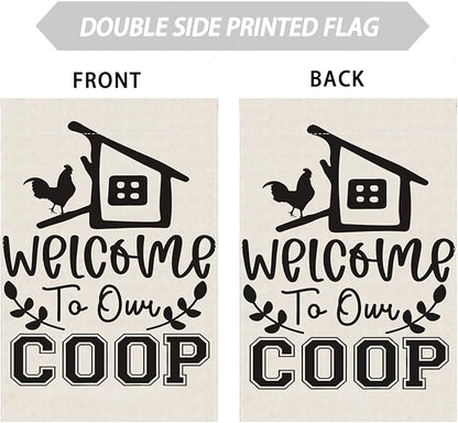 Black Chicken Welcome to Our Coop Large House Flag Burlap 28X40 Inch Vertical Double Sided Outside Yard Holiday Outdoor Farmhouse Decoration