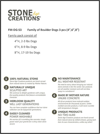 Boulder Dog Family – Set of 3 Hand-Carved Granite Garden Statues – Natural Stone Animal Décor – 4", 6", and 8", Eco-Friendly Outdoor Gift