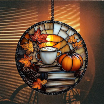 Pumpkin Spices Books Acrylic Suncatcher Stained Glass Effect Window Car Hanging Christmas Ornament Indoor Outdoor Decor Garden Sun Catcher Panel for Book Lover for Women Mom Grandma