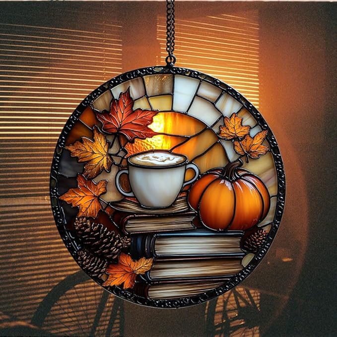 Pumpkin Spices Books Acrylic Suncatcher Stained Glass Effect Window Car Hanging Christmas Ornament Indoor Outdoor Decor Garden Sun Catcher Panel for Book Lover for Women Mom Grandma