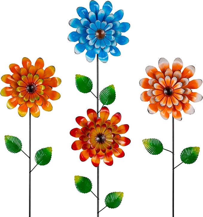 4 Pcs Wind Spinners Outdoor, Small Metal Flower Windmill, Colorful Pinwheels Decorative Garden Stakes for Yard Patio Lawn Garden Decor, 26 x 5 Inches