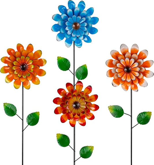 4 Pcs Wind Spinners Outdoor, Small Metal Flower Windmill, Colorful Pinwheels Decorative Garden Stakes for Yard Patio Lawn Garden Decor, 26 x 5 Inches