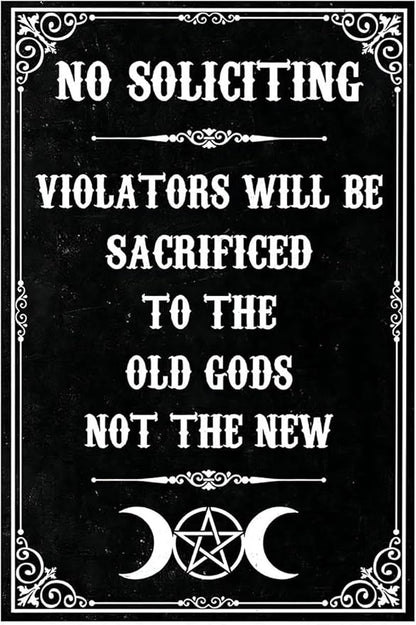 Funny Dark Humor Beware Warning Sign, No Soliciting Wall Decor, Violators Will be Sacrificed, Yard Garden Plaque Outdoor for Home Fence 8 X 12 Inches