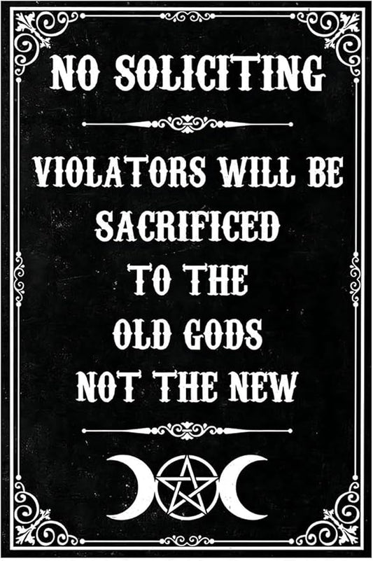 Funny Dark Humor Beware Warning Sign, No Soliciting Wall Decor, Violators Will be Sacrificed, Yard Garden Plaque Outdoor for Home Fence 8 X 12 Inches