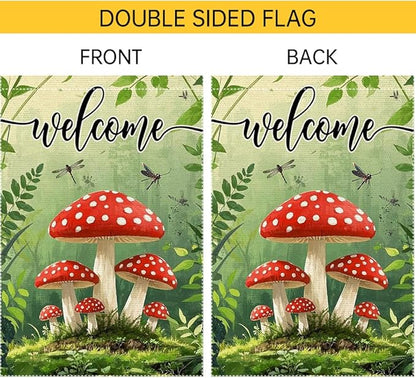 Welcome Spring Summer Mushrooms Garden Flag 12x18 inch Double-Sided Small Burlap Yard Outside Lawn Rustic Farmhouse Decorations