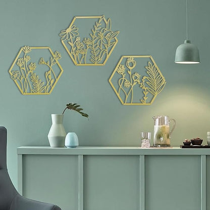 OYEFLY 3 Pcs Metal Flower Wall Decor,Farmhouse Flower Art (Gold)