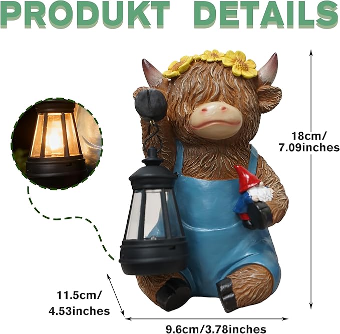 Solar Highland Cow Gnomes Garden Decorative Statue - Resin Solar Lights Cows Figurine Yard Outdoor Decor with Detachable Lantern, Animal Figurines Balcony Ornaments, for Women/Mom