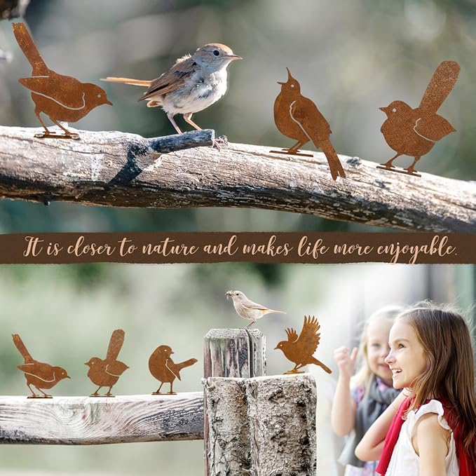 OULYDEKO 5PCS Rusty Birds Decoration,Outdoor Bird Wall Decor,Metal Birds Yard Decor, Metal Birds Craft Statue Ornaments - Garden Sculptures and Yard Art, Fence Decorations Outdoor,Rustic Garden Decor