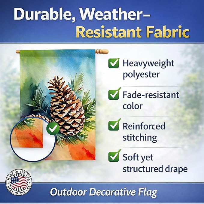 Caroline's Treasures Maine White Pine Cone and Tassels in Watercolor House Flag Large Porch Sleeve Pole Decorative Outside Yard Banner Artwork Wall Hanging, Polyester, House Size, Multicolor