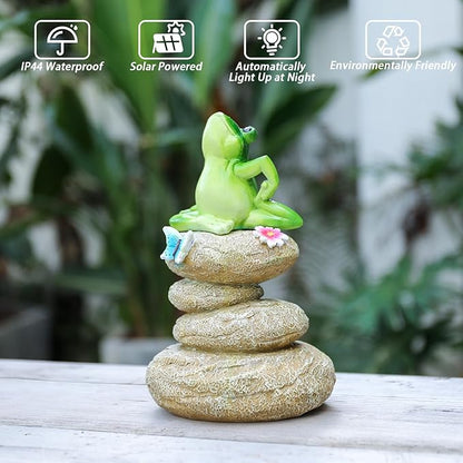 Solar Garden Statues Outdoor Frog Decor, Garden Sculptures Stones Solar Statue Novelty Yoga Frog Figurine Decoration for Patio Yard Porch Art Home Decor