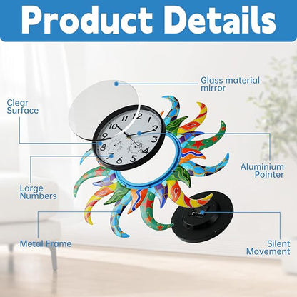 Large Blue Sun Outdoor Clock with Thermometer and Hygrometer Combo, Silent No-Ticking Outdoor Wall Clock, Waterproof Quartz Clock for Patio, Living Room, Kitchen, Garden, 25 Inch