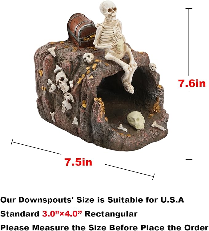 Skeleton and Treasure Statue Gutter Downspout Extensions, Rain Gutter Downspout Splash Block Extender Cover Garden Yard Sculpture Decorative, 3" × 4" Downspouts