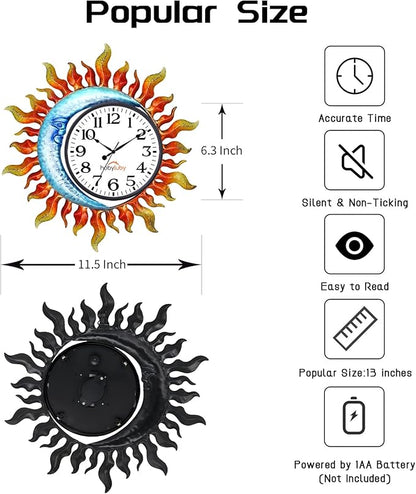 Outdoor Clock，Sun-Moon Outdoor Wall Clock Silent Non-Ticking，Indoor Outdoor Clock for Patio, Living Room,Home Decor