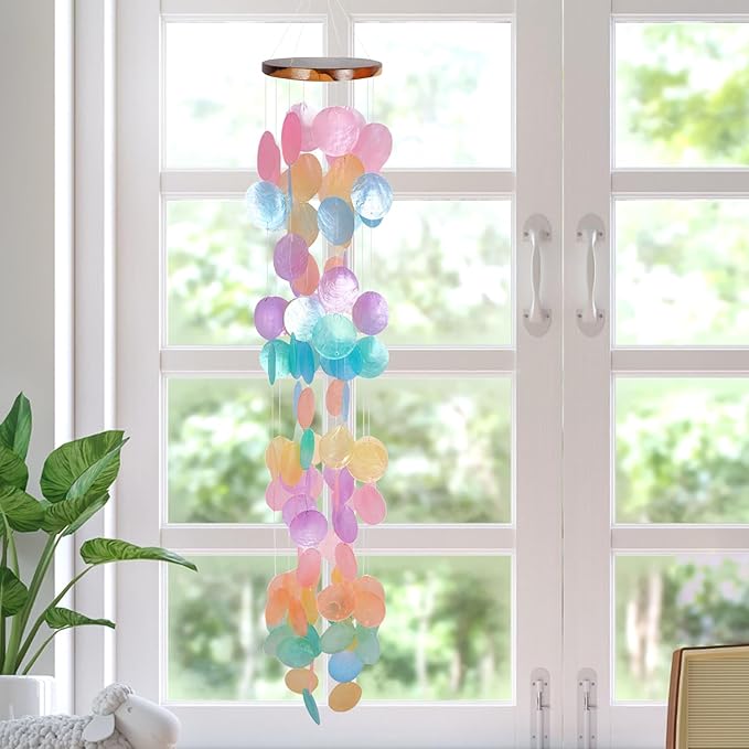 ASTARIN Capiz Shell Wind Chime for Outside 35” Seashell Wind Chimes, Handcrafted Rainbow Capiz Shells Windchime Coastal Style,Unique Outdoor Garden Decor Gift for Women Mother’s Day