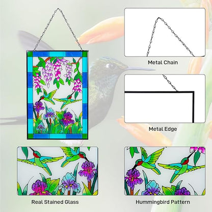 Viveta Hummingbird Stained Glass Window Hanging, Stained Suncatchers for Window, Hand-Painted Glass Panels with Chain, Gift for Mom Grandma Christmas Decor 10 * 15"