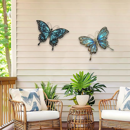 LIFFY Metal Butterfly Wall Decor,2Pack 12" Hanging Glass Butterfly Outdoor Decor,Garden Decorative Ornaments Outside for Home,Yard,Fence,Patio