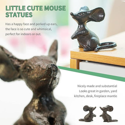 Sungmor Cast Iron Little Cute Mouse Ornament - Decorative & Lovely Figurine Indoor Outdoor Statues - Interesting Animal Sculpture Home Decoration - 2PC Pack & Brown Color