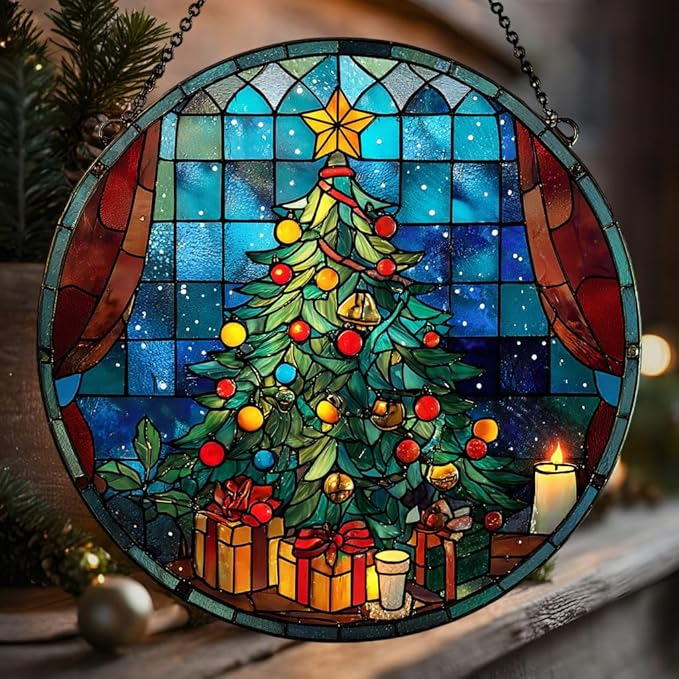 Christmas Tree Colorful Ornaments Hanging Acrylic Suncatcher Stained Glass Effect Window Car Hanging Christmas Ornament Indoor Outdoor Decor Garden Sun Catcher Panel for Women Mom Grandma
