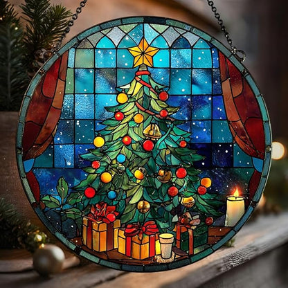 Christmas Tree Colorful Ornaments Hanging Acrylic Suncatcher Stained Glass Effect Window Car Hanging Christmas Ornament Indoor Outdoor Decor Garden Sun Catcher Panel for Women Mom Grandma
