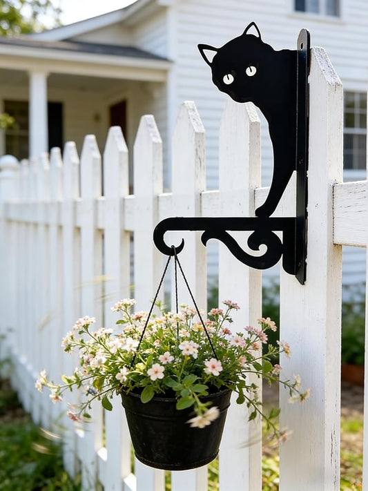 Iron Plant Hangers Hooks for Outdoor -10inch Hanging Plants Flower Fern Pots Lantern Bird Feeder Wind Chimes for Porch Garden Farmhouse (The cat Hiding in The Dark)