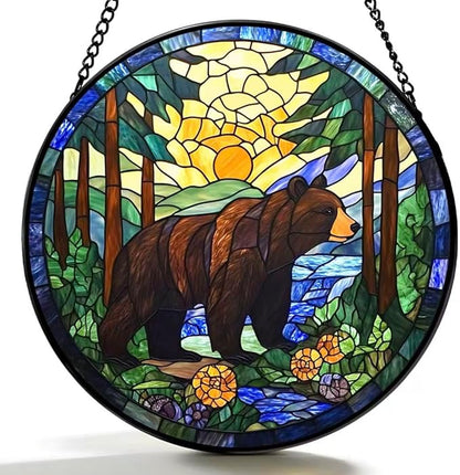 Stained Glass Window Hanging - A Black Bear is Walking in The Forest 6.3 Inches Suncatcher for Garden Home Decor for Women Mon Grandma Friends