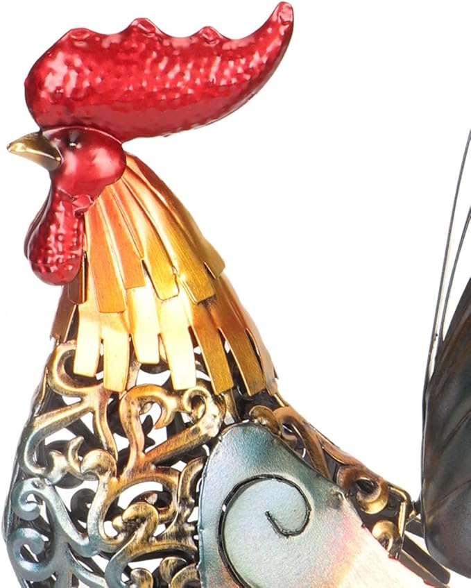 Decorative Iron Rooster Sculpture, Carved Metal Rooster Statue for Garden, Deck, Home, & Friendly, Hollow Design & Detachable Tail, Versatile Indoor Outdoor Decoration,