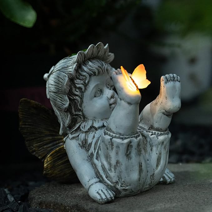 Suyorpe Fairies for Fairy Garden Solar Decor - Fairy Figurines Resin Outdoor Statues Ornaments with Light up Butterfly for Patio,Lawn,Yard,Porch,Outside Angel Gifts
