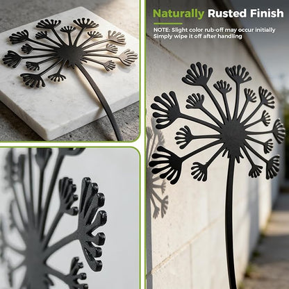 KODIBO 5-Pack Black Dandelion Metal Garden Stakes Outdoor Decor, Matte Powder-Coated Yard Stakes Set, Metal Yard Art, Modern Minimalist Garden Accents for Lawn, Borders, Planters, Porch & Patio