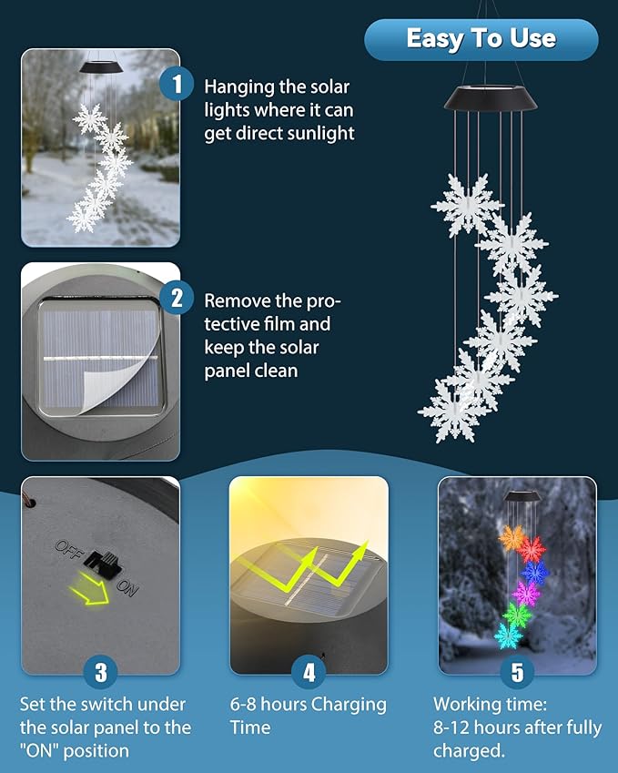 DOUBLEZHE Solar Wind Chimes for Outside, Color Changing Snowflake Wind Chimes, Birthday Gifts for Women Mom Grandma, Waterproof Outdoor LED Decorations Mobile Lights for Garden Patio Yard Party Decor