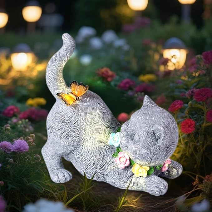 Solar Garden Statue Cat Figurine, Resin Solar Lights with Flower Decor for Outside, Yard Art Patio Balcony Lawn Decorations, Unique Gifts for Mom Grandma Women and Cat Lover (Gray)
