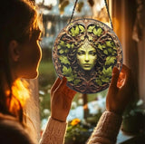 Christmas Green Women Stained Glass Suncatcher, 10" Tree Man Window Decor Hanging Stained Glass Sun Catcher Garden Room Hanging Tree Faces Decoration Indoor Outdoor Garden Decor Gift for Women