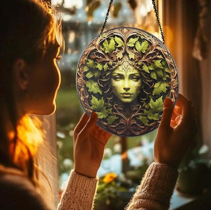 Christmas Green Women Stained Glass Suncatcher, 10" Tree Man Window Decor Hanging Stained Glass Sun Catcher Garden Room Hanging Tree Faces Decoration Indoor Outdoor Garden Decor Gift for Women