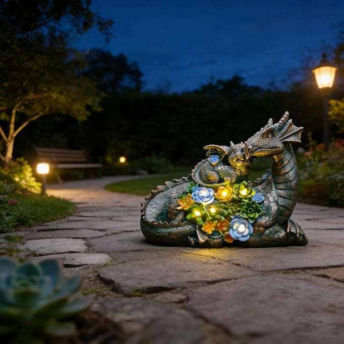 JOYBEE Dragon Solar Garden Statues Outdoor Decoration with Succulent and 6 LED Lights,Dragon Figurine Solar Lights Lawn Décor,Outside Statue Ornament for Patio, Balcony, Yard,Unique Gift for Mom