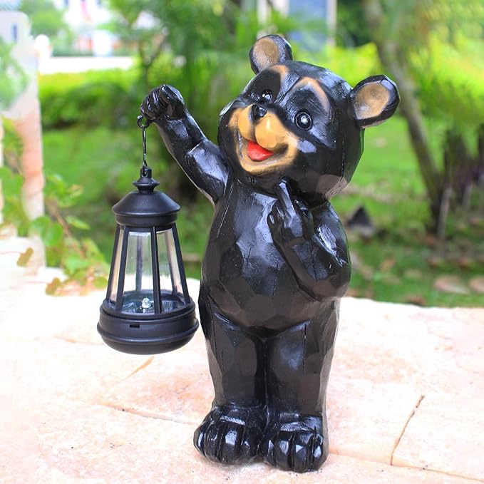 Garden Statues Bear Solar Figurine Lanterns Outdoor Waterproof Lights, Yard Decorations, Garden Decor Unique Birthday Housewarming Gifts for Mom, Resin Material, Hand-Painted