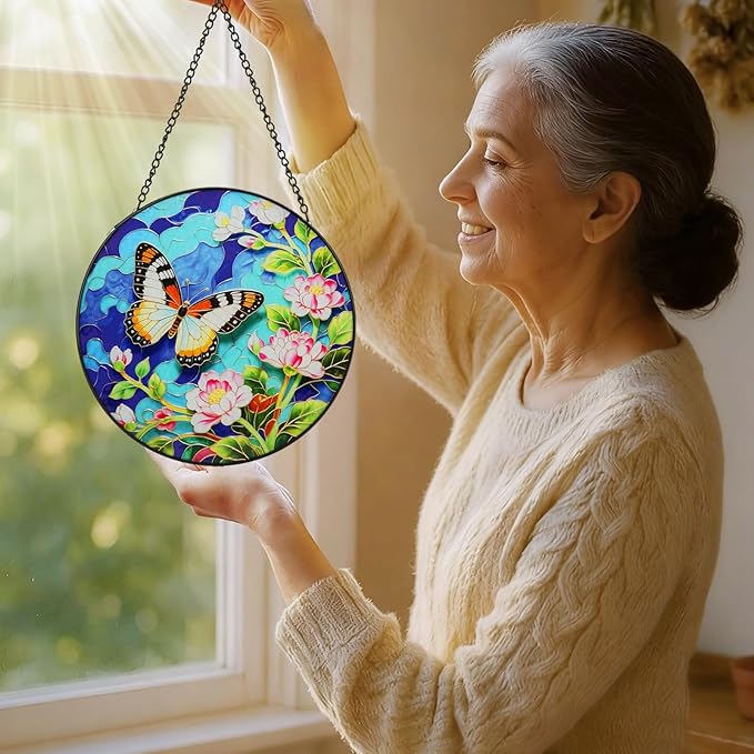 8inch Stained Glass Suncatcher, Butterfly Stained Glass Window Hanging Sun Catchers Ornaments for Indoor Windows Wall Garden Kitchen Home Decor Gifts for Women Birthday Mother's Day Religious Easter