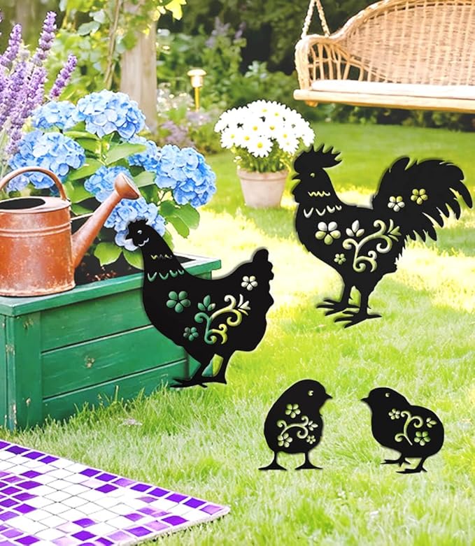 4 Pack Metal Yard Stake Decor, Weather-Proof Chicken Decor, Rooster Hen Chicks Silhouette Garden Sculptures & Statues Stakes for Outdoor Lawn, Patio, Flower Beds, Ideal Gardening & Country Gifts