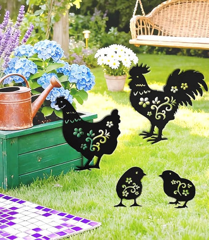 4 Pack Metal Yard Stake Decor, Weather-Proof Chicken Decor, Rooster Hen Chicks Silhouette Garden Sculptures & Statues Stakes for Outdoor Lawn, Patio, Flower Beds, Ideal Gardening & Country Gifts