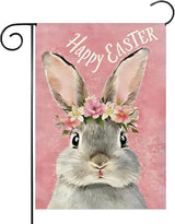 1Pcs Happy Easter Garden Flag, Cute Bunny Garden Flags 12x18 Double Sided, Flower Rabbit Vertical Flag, Spring Holiday Yard Flags, Pink Small Garden Flags for Outside Yard Lawn Easter Decorations