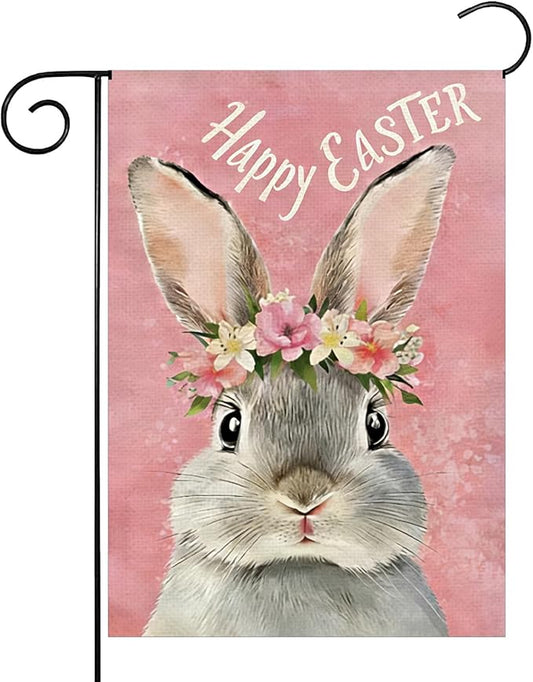 1Pcs Happy Easter Garden Flag, Cute Bunny Garden Flags 12x18 Double Sided, Flower Rabbit Vertical Flag, Spring Holiday Yard Flags, Pink Small Garden Flags for Outside Yard Lawn Easter Decorations
