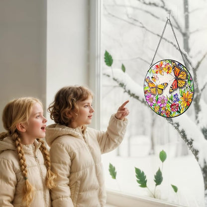 Suncatcher Stained Glass Window Hanging - Butterfly Glass Panel with Metal Chain and Hooks Handmade Sun Catcher Decoration for Window Garden Home Christmas & Birthday Gifts (7.8 Inch)