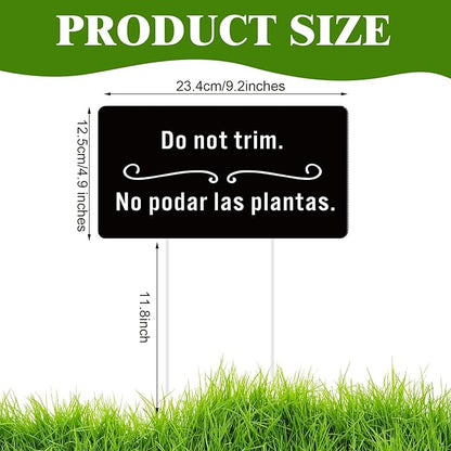 Menkxi 2 Pcs Do Not Trim Yard Signs with Plastic Stakes, 9.2'' x 4.9'' Bilingual Plant Signs Outdoor PP Material Garden Markers, 11.81'' Stake (Black)