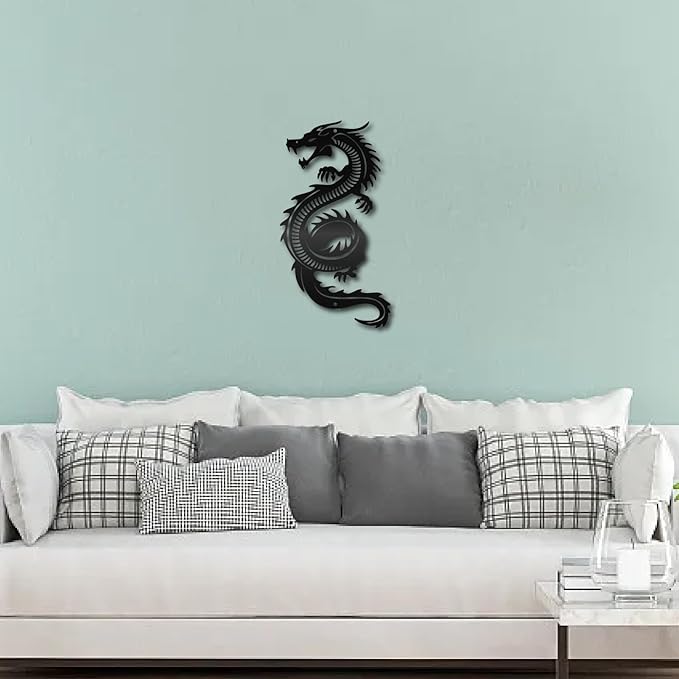 CREATCABIN Dragon Metal Wall Decor Black Iron Wall Art Japanese Chinese Dragon Sculpture Hanging Artwork Decor Gothic Signs Decoration for Indoor Outside Living Room Home Office 11.8x6.3Inch