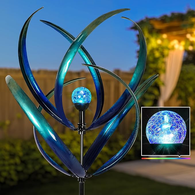 Lariander Outdoor Wind Spinners with Solar Light, 82'' Metal Large Spinner Yard Art, Peacock Blue Wind Sculptures for Garden Lawn Patio, Gifts for Family