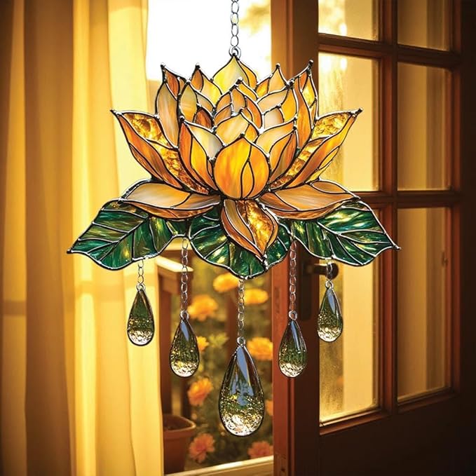 Floral Acrylic Suncatcher Indoor Colorful Window Hanging Ornament Outdoor Sun Catcher Panel for Home Decor Car Garden Crystal Gift Yellow Lotus Flower Suncatcher