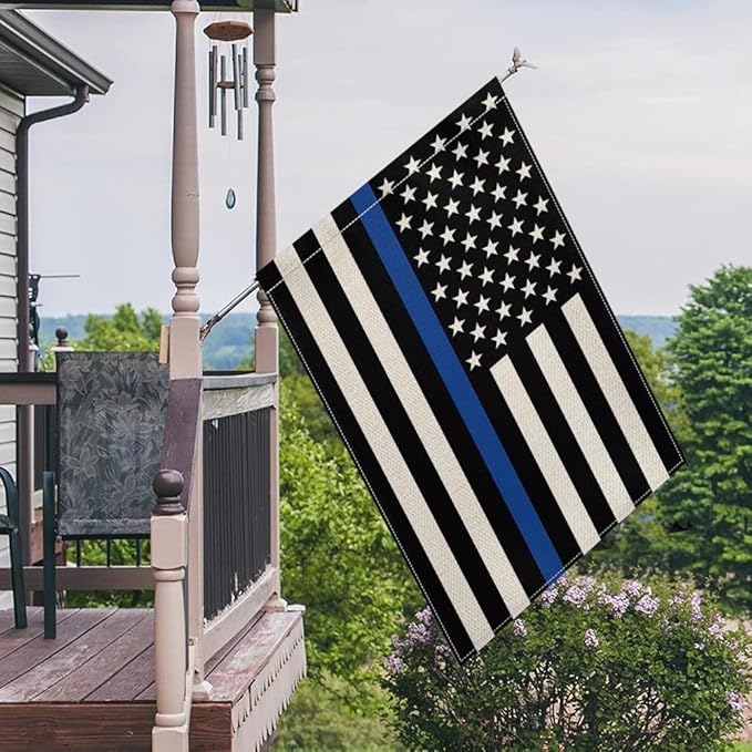 AVOIN colorlife Thin Blue Line House Flag 28x40 Inch Double Sided, American Stars and Stripes Police Officers Solidarity Yard Outdoor Decoration