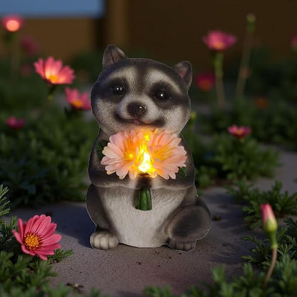 Solar Raccoon Garden Decor Raccoon Gifts Outdoor Decor with LED Lights, Decor for Garden, Patio, Yard, Indoor Outdoor Use, Solar-Powered Automatic Lighting（Pink）