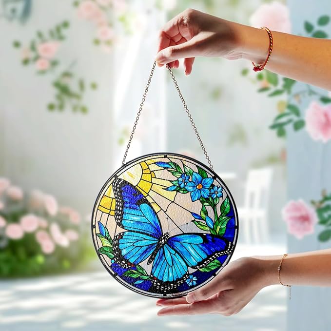 2 Stained Glass 7.8" Butterfly Stained Glass Suncatcher, Butterfly Sunflowers Stained Glass Suncatcher Art, Art Decor for Home Garden Housewarming, Gift for Pet Animal Nature Floral Lovers