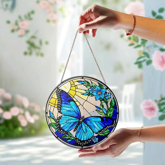 2 Stained Glass 7.8" Butterfly Stained Glass Suncatcher, Butterfly Sunflowers Stained Glass Suncatcher Art, Art Decor for Home Garden Housewarming, Gift for Pet Animal Nature Floral Lovers