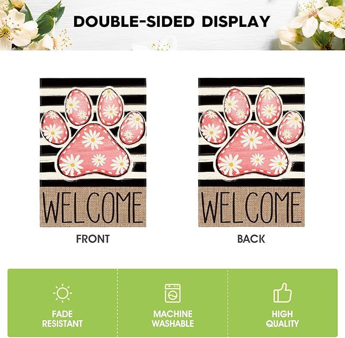 AVOIN colorlife Pink Paw Print Spring Garden Flag 12x18 Inch Double Sided Outside, Daisy Floral Welcome Stripes Yard Outdoor Flag